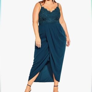 City Chic Lace Touch Spaghetti Strap Maxi Dress Emerald NWT